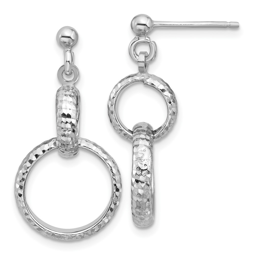 925 Sterling Silver Rh-Plat Polished / Dia-Cut Circle Link Dangle Post Earrings